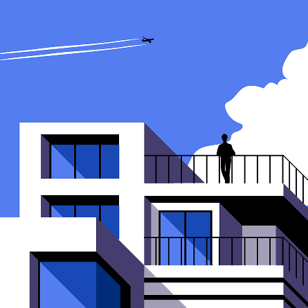 Illustration d'un immeuble moderne sous un ciel bleu