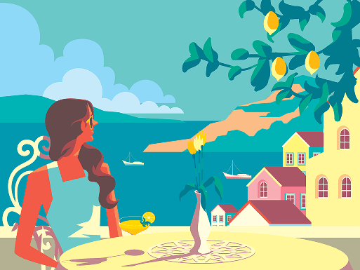 Illustration d'une femme attablée devant la mer et un village côtier
